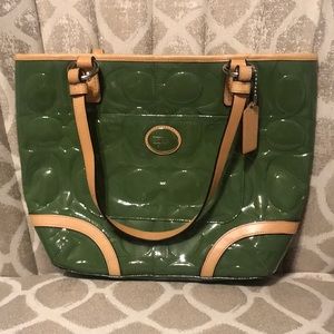 Coach bag, Green patten leather with tan straps